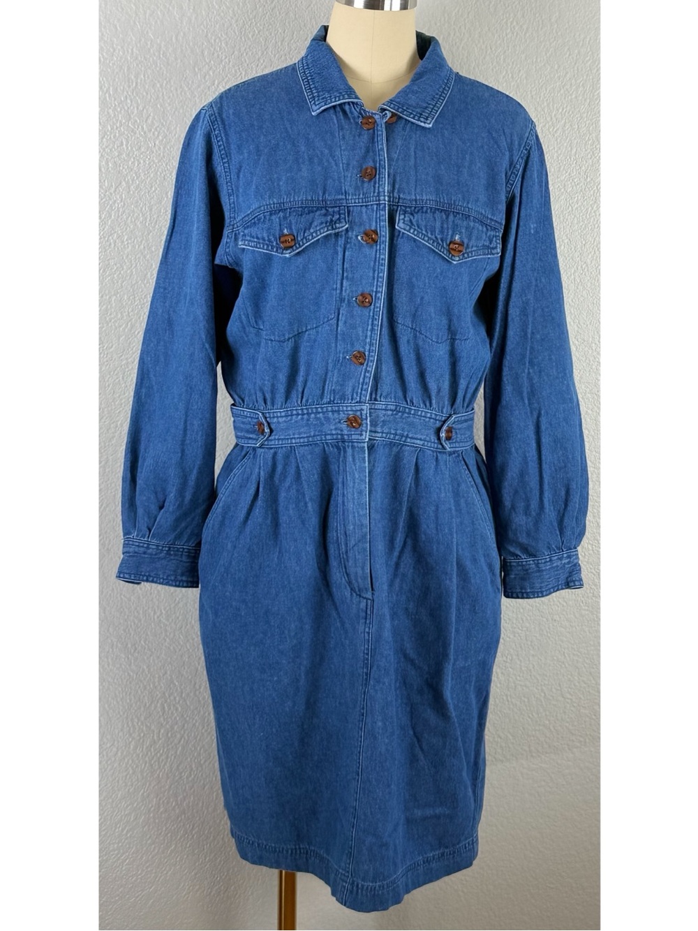 Talbots Petites 80s 90s Vintage Denim Long-Sleeve Shirt Dress Fitted Waist